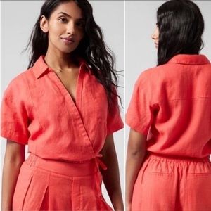 Athleta NEW 100% Linen Cropped Playa Wrap‎ Tie Top in Passionfruit Coral